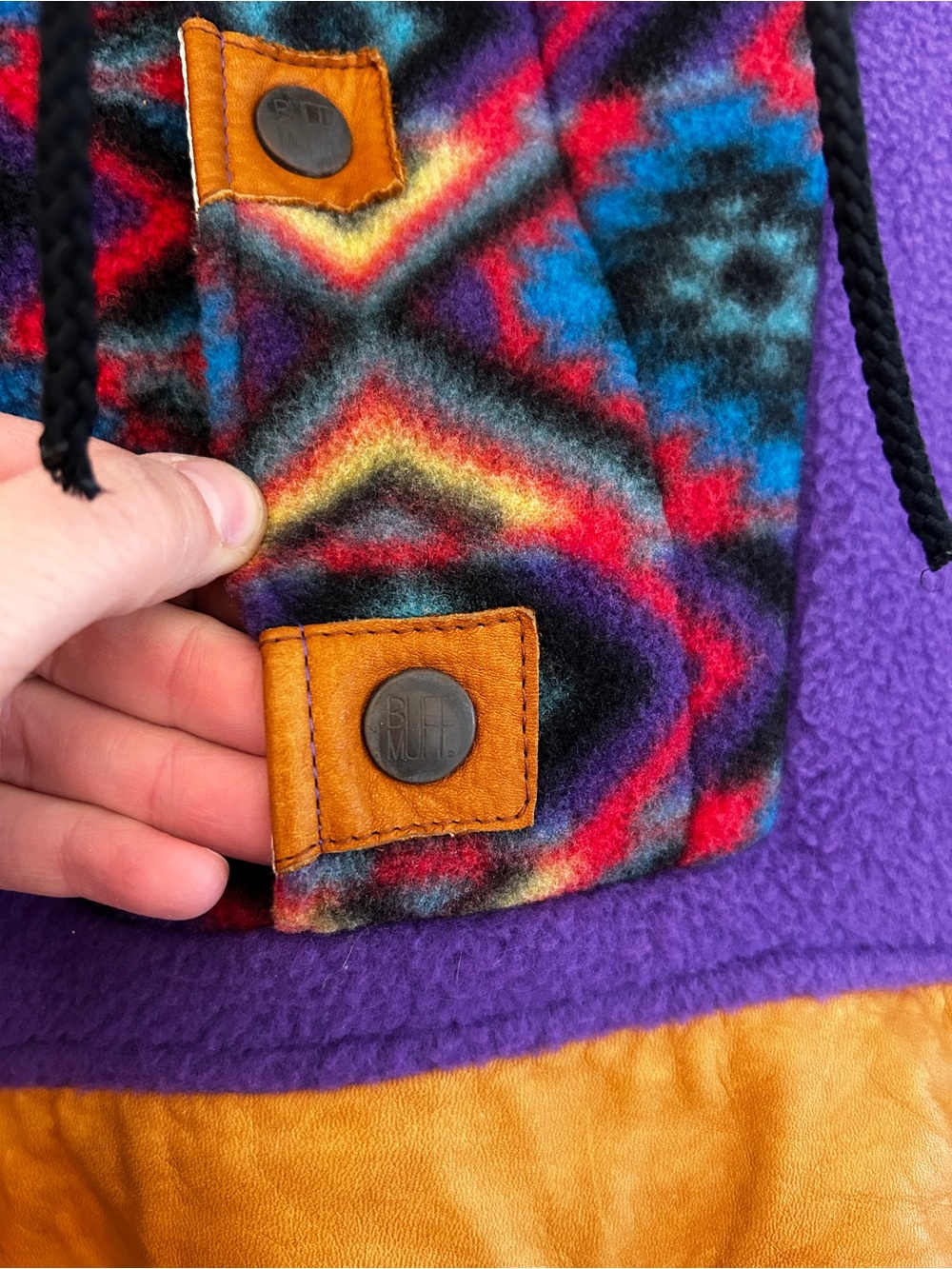 VINTAGE 90s Buff Muff Malden Polar Fleece Jacket Men's Medium Leather Colourful - Picture 3 of 7